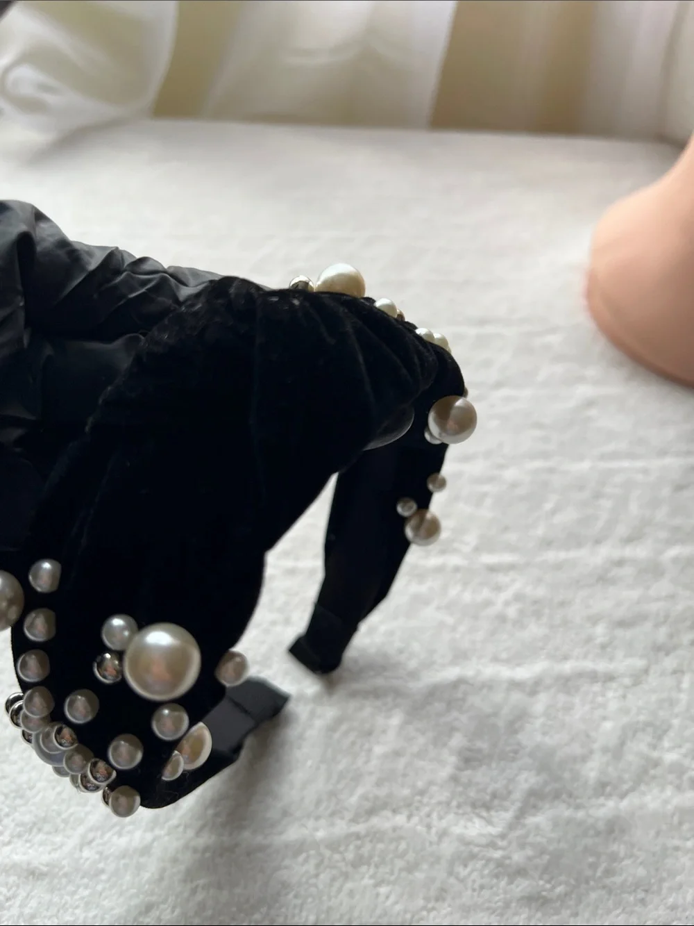 Natasha Couture Black Velvet Pearl Rhinestone Knotted Headband Embellished